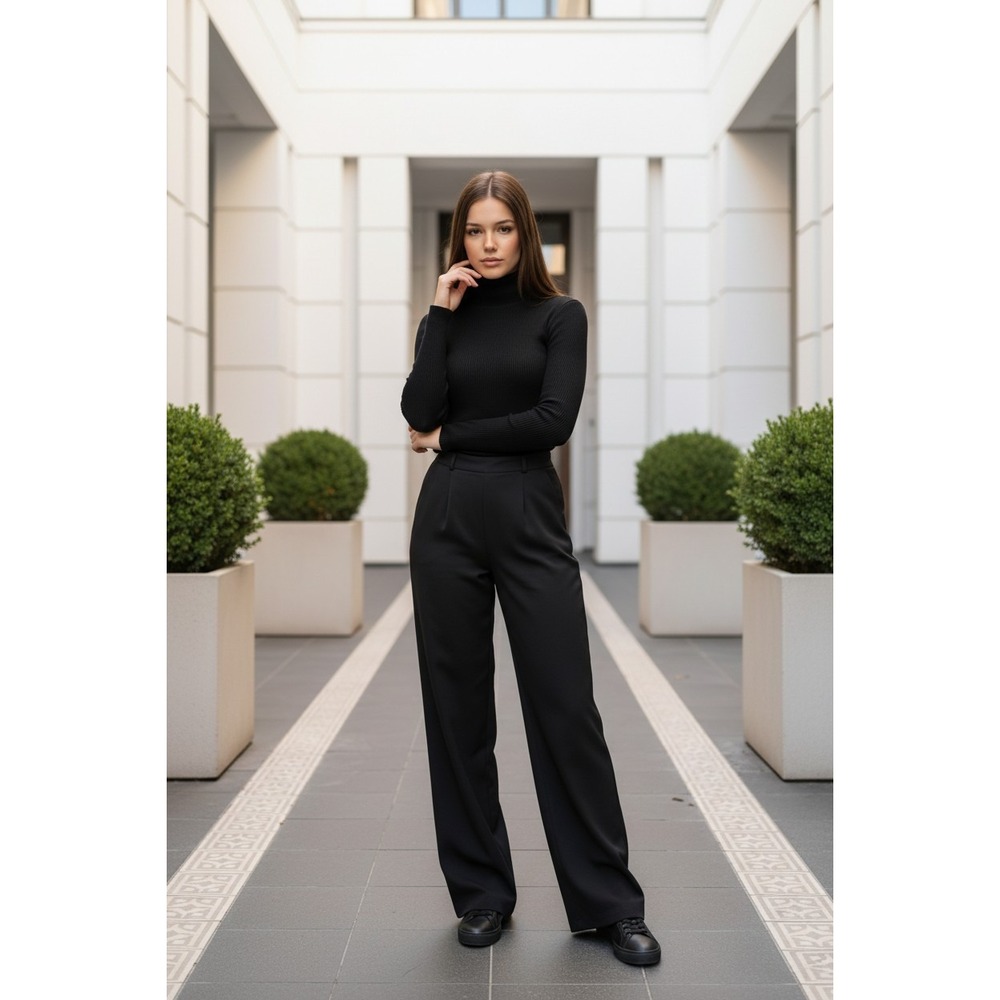 Flores & Flores SZ 6 Wide Leg 100% Black Silk Flat Front Pants Back Zip Lined